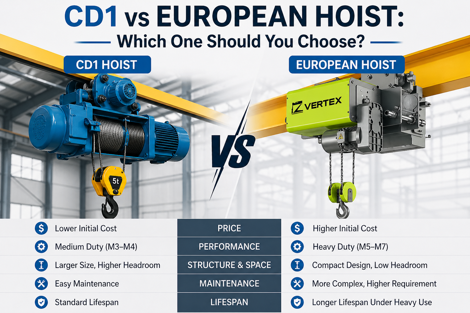 CD1 vs European Wire Rope Hoist (Cost, Performance & Which to Choose)